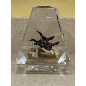 Vintage 1970's Solid Lucite Obelisk Diorama Canada Goose Wood Shell Paperweight
